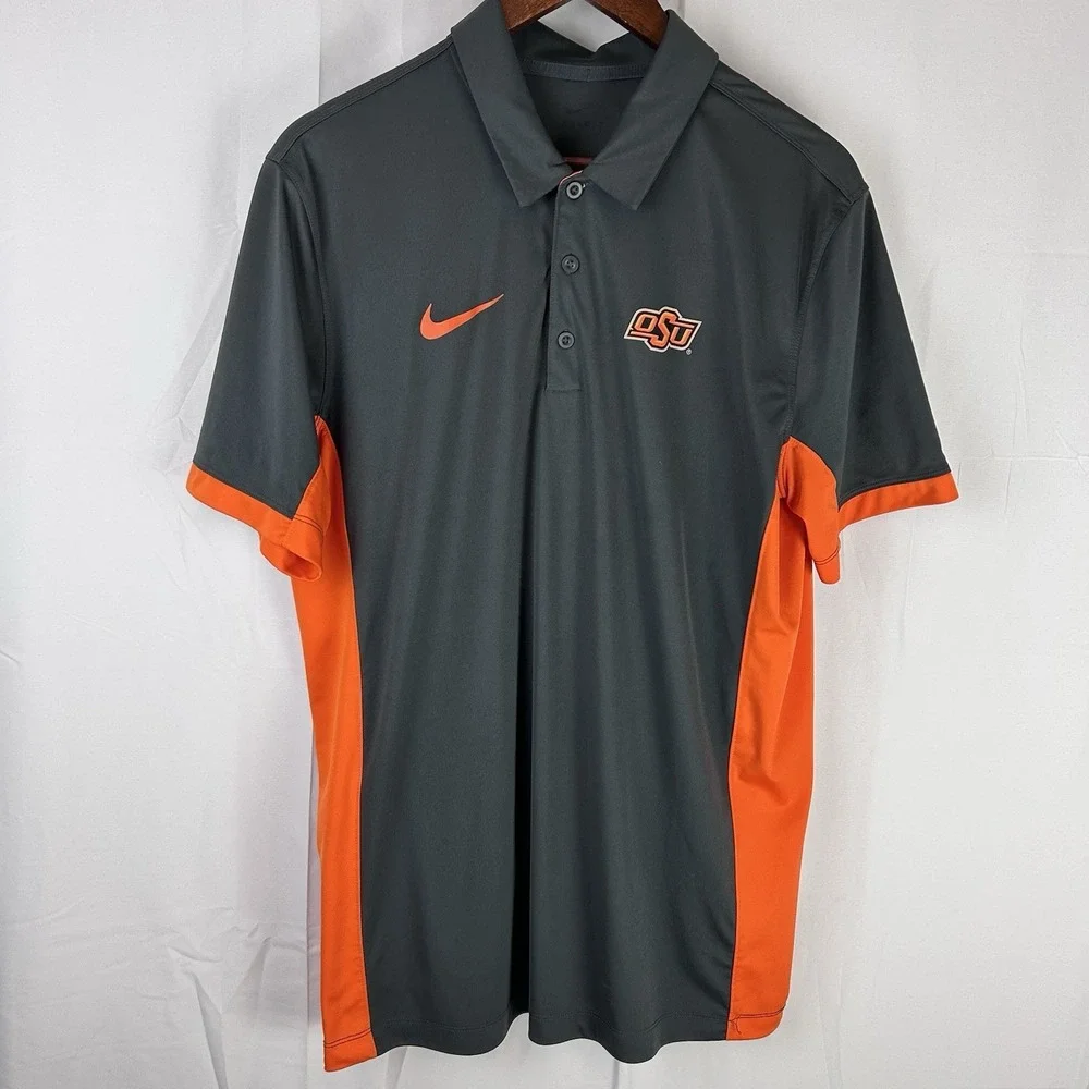 Oklahoma‎ State Cowboys Nike Dri-Fit Polo Gray Orange Mens Large Logo OSU